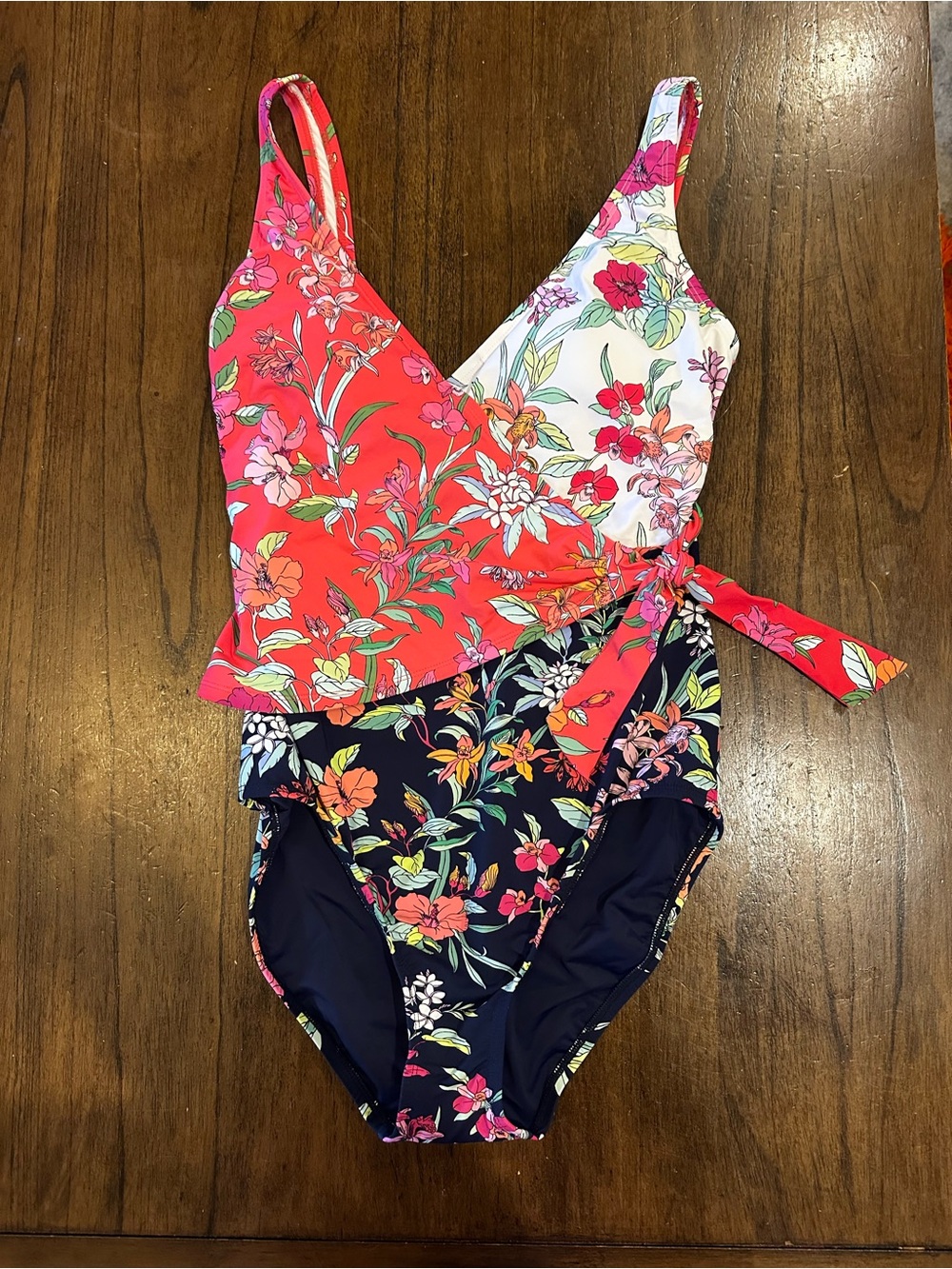 Tommy Bahama One Piece Swimsuit Floral Side Tie Colorblock Size 12 NWOT
